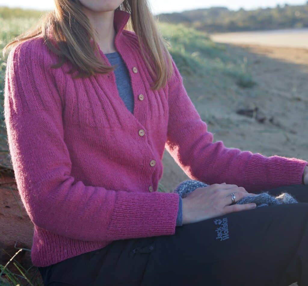 wearing my hand knitted pink sunday cardigan