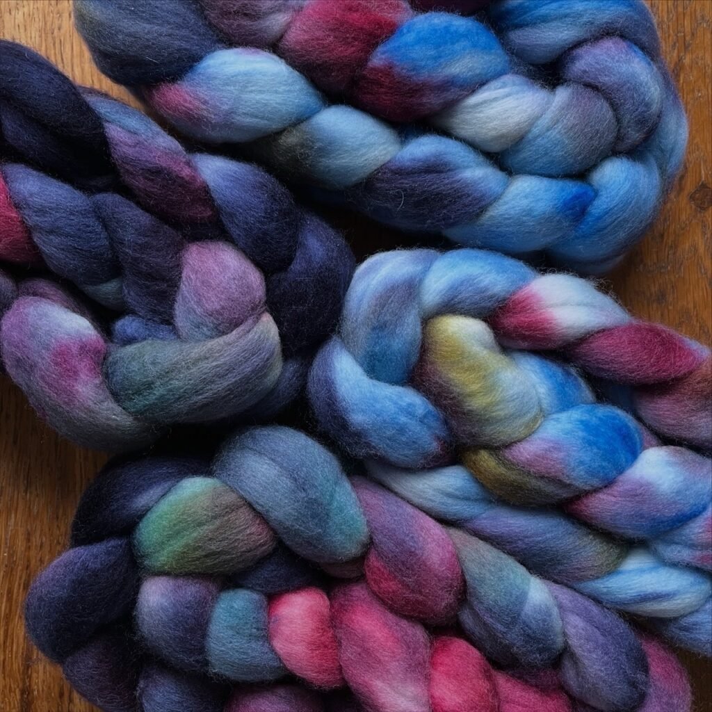 4 braids of hand dyed fiber on a table