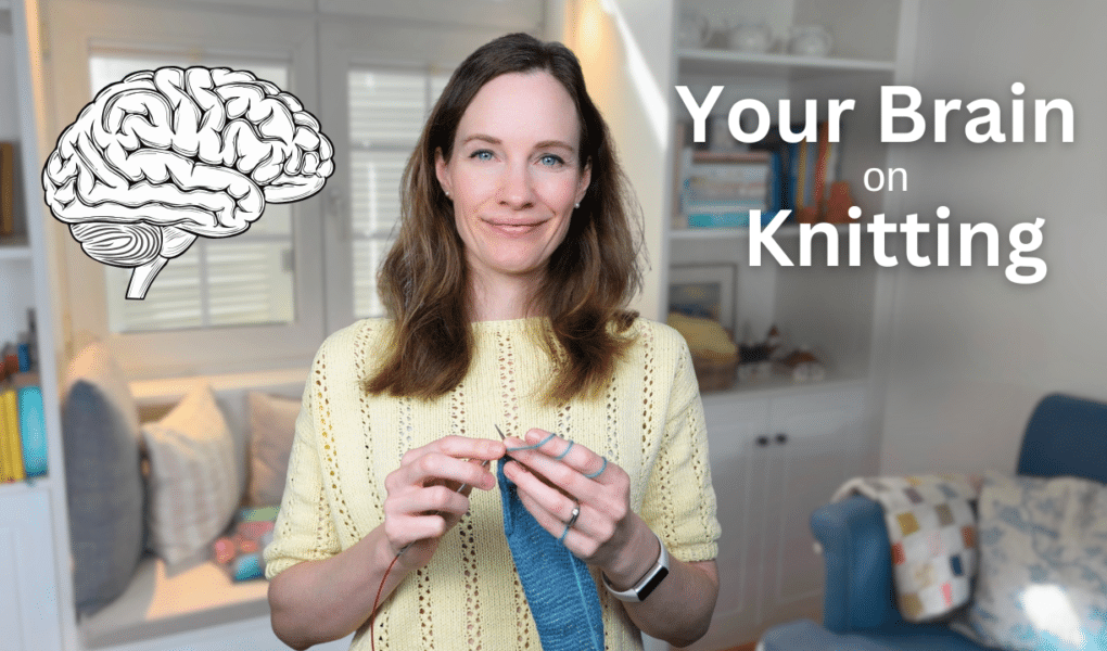 a women wearing a yellow sweater sitting in her living room knitting with blue yarn