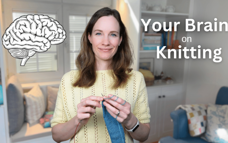 a women wearing a yellow sweater sitting in her living room knitting with blue yarn